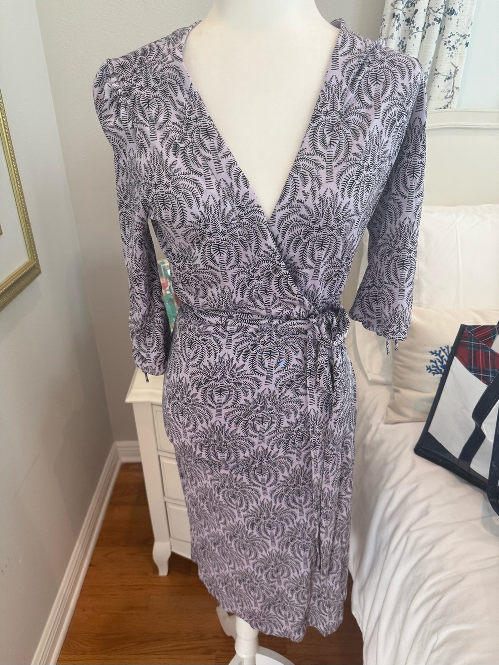 Diane Von Furstenberg Lavender and Black Printed Wrap Midi Dress